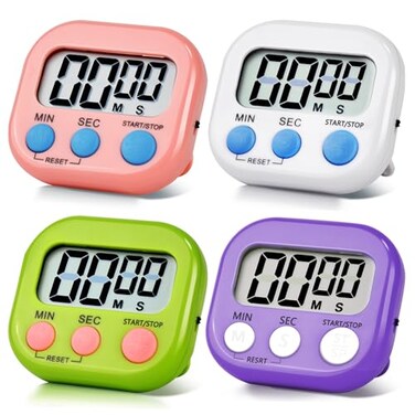 4 Pack Electronic Timer Loud Ring Kitchen Timer for Cooking Big Display Digital Timer Magnetic Backing Stand Electronic Timer for Cooking, Bathing, Gym, Break Time (4, Pink, Purple, Green, White)