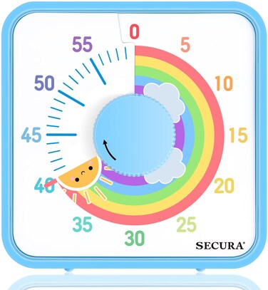 Secura 60-Minute Visual Timer, 7.5 Inch Magnetic Rainbow Countdown Timer for Classroom or Kitchen, Durable Mechanical Timer Clock with Magnetic Backing (Blue &amp; Sun)