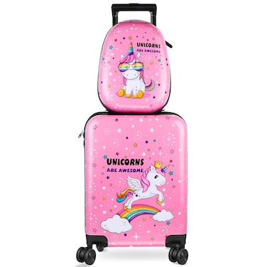 Kids Luggage and Backpack 18 Suitcase with Spinner Wheel Hard Case Travel Suitcase 13 Backpack Girl Suitcase Set for Kids Supplies (Pink, Unicorn Style)
