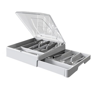 Double Layer Silverware Tray with Lid, Utensil Holder for Countertop Flatware Organizer for Kitchen Drawers with 2 Tier Cutlery Tray and 9 Compartments Silverware Storage Bin (White)