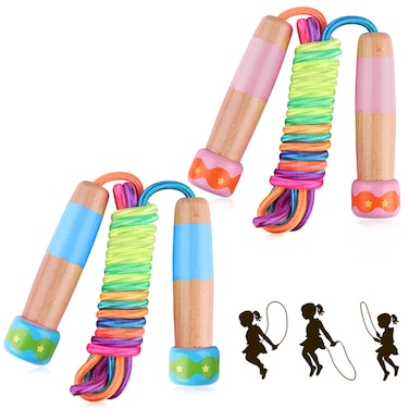 2 Pcs Jump Rope for Kids Adjustable, Lorvain Rainbow Skipping Rope, Kids Jump Ropes with Wooden Handle for Girls Boys, Weighted Jumping Ropes for Fitness Workout Exercise Outdoor Fun Activity