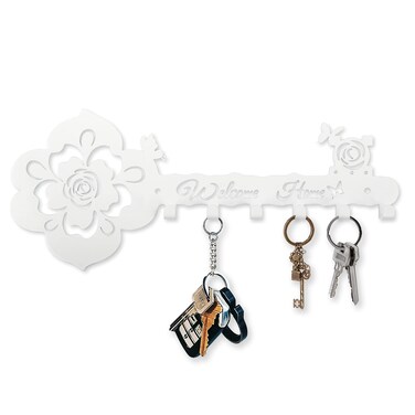 Deveosa Key Hooks Holder for Wall Decorative - Small White Entryway Welcome Home Sign Key Hanging Hangers Wall Mounted Racks