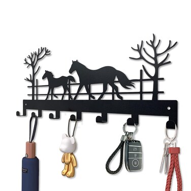 ShowMtheM Metal Horse Key Holder for Wall,Metal Key Organizer Wall Decorative with 7 Hooks,Black Wall Mount Key Holder for Entryway,Front Door,Hallway,Office