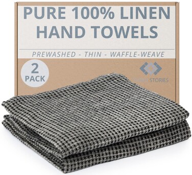 Pure 100% Linen Hand Towels - Set of 2 Linen Kitchen Towels Waffle Weave Black-Natural - 13 x 29-inch Soft Lightweight Stone-Washed Linen Dish Towels - Quick-Dry Linen Tea Towel - Kitchen Linens