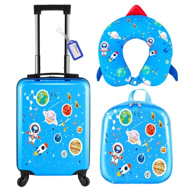 Sanwuta 4 Pcs Kids Luggage Set Kids Backpack Travel Rolling Suitcase with Wheels U-shape Pillow Childrens Gift for Girls Boys(17 Inch,Astronaut Style,Blue)