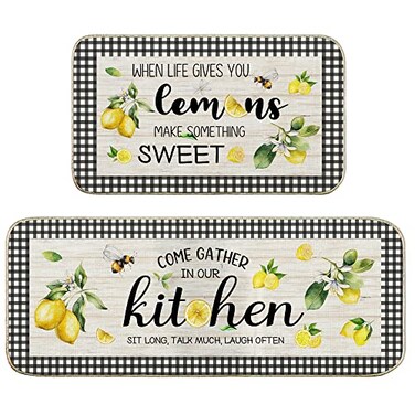 Lemon Kitchen Mat Set of 2, Kitchen Mats for Floor, Farmhouse Lemon Kitchen Rugs and Mats Non Skid Washable, Lemon Kitchen Decor Floor Mats Non Slip, Kitchen Runner Rug Carpet 17x29 and 17x47 Inch