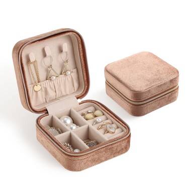CASEGRACE Travel Jewelry Case, Plush Velvet Jewelry Box Small Jewelry Travel Organizer Display Rings Necklace Bracelet Earrings Storage Case for Women Girls, Sand Brown