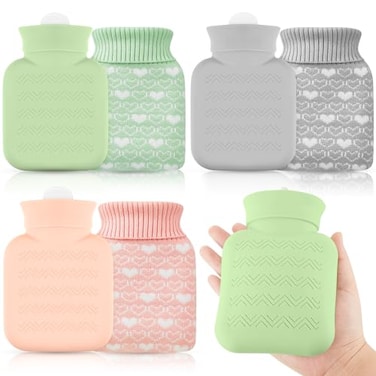 Amylove 3 Pcs Mini Hot Water Bottle 320ml Silicone Hot Water Bottle with Cover Microwave Water Bottles Small Hot Water Bag for Travel Pain Relief Holiday Gifts(Gray, Pink, Green)