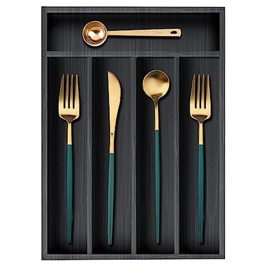 Small Kitchen Utensils Drawer Organizer Black Wooden Flatware Cutlery Tray Silverware Divider Organizer Narrow Wood Silverware Utensil Tray for Drawer Bamboo Cutlery Fork Spoon Holder for Drawer