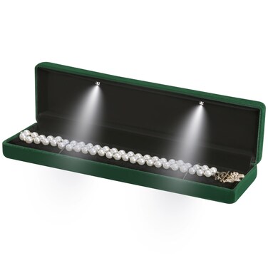 Classic Metal Glossy Jewelry Necklace Long Chain Gift Box with LED Light, Velvet Jewelry Pendant Storage Display Case for Proposal Engagement Wedding Anniversary Birthday Ceremony (Green)