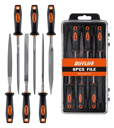 DIFFLIFE 7&#39;&#39; Needle File Set (Carbon Steel 6 Piece-Set) File Handles, Hardened Alloy Strength Steel - Set Includes Flat, Flat Warding, Square, Triangular, Round, and Half-Round File (6-Piece)