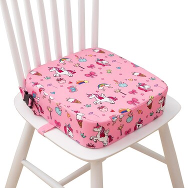 Eiury Toddler Booster Seat for Dining Table, Portable Kids Booster Seat with Safety Buckles Portable Increasing Booster Cushion with Non-Slip Bottom (Pink Unicorn)