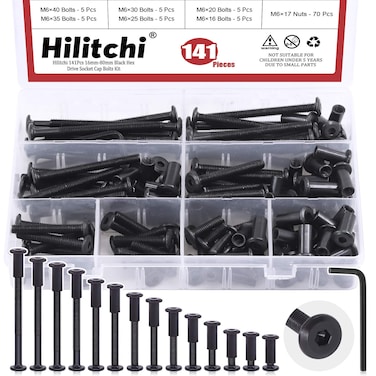 Hilitchi M6 Hex Drive Socket Cap Bolts Kit Countersunk Head Screws Bolts Dowel Barrel Nuts Crib Bolts Nuts Assortment Kit for Furniture Hardware Fitting (16-80mm Assortment Kit-140PCS)