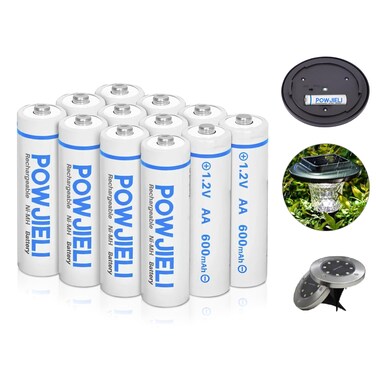 POWJIELI AA Rechargeable Batteries,1.2V 600mAh Ni-MH Double A Batteries,for Solar Lights and Household Devices,12 Pack