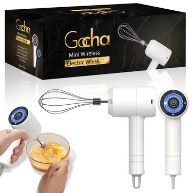 GOCHA Gadgets   Hand Whisk Electric   3 Speed Handheld Mixer   Two Whisk Mount Baking Mixer   Cordless Electric Hand Mixer For Eggs, Soups, Cream, Batters   Portable, Wireless &amp; Rechargeable (White)