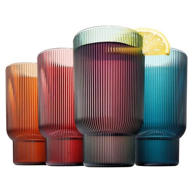 Khen Shatterproof Acrylic Tall Drinking Glasses Set, European Style, Dishwasher Safe, Ribbed   Set of 4   Fluted Tritan Drinkware, Unbreakable BPA-free Plastic, Reusable Stackable Glassware 14.5oz