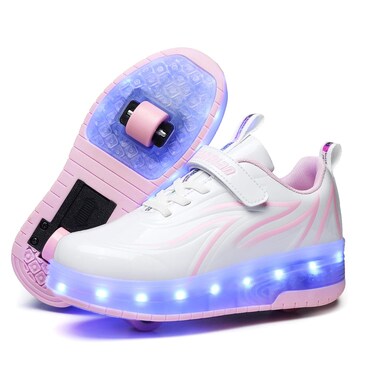 Ufatansy Roller Shoes for Girls Roller Skates Shoes USB Charging Shoes for Kids Skates Boys Sneakers Gifts(3 Little Kid,Pink/White)