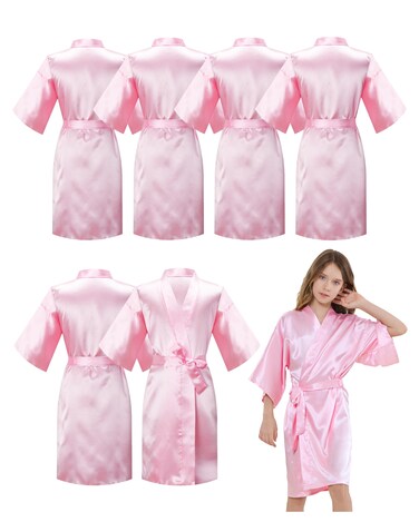 ALHAVONE 6 Pieces Girls Kids Silky Satin Solid Color Short Kimono Robes for Wedding Birthday Party Spa (Pink Set of 6, 4)