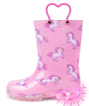 Outee Toddler Girls Rain Boots Little Kids Baby child Light Up Waterproof Rubber Shoes Unicorn Printed Mud Lightweight Adorable with Easy-On Handles Non Slip Sole Pink Size 1