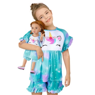 Girl &amp; Doll Matching Pajamas Unicorn Outfit Clothes for Girls and 18" Dolls Pajama Sets (Doll Not Included), Colorful Aqua, 7-8 Years