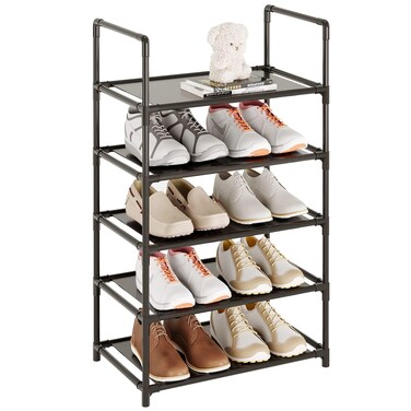 Vockot 5 Tier Stackable Small Shoe Rack,Narrow Sturdy Shoe Shelf Organizer, Non-Woven Fabric Metal Free Standing Shoe Racks for Entryway, Hallway and Closet (Black)