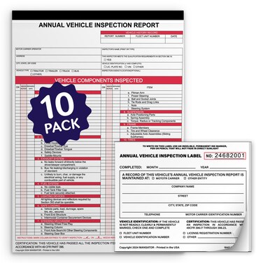 Annual Vehicle Inspection Report Form - 10-Pack - 3-Ply Carbonless (8.5" x 11.75") + 2-Ply Vinyl White Interior Inspection Label (5"x4")