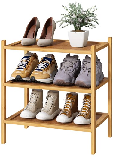 kiplant Small Shoe Rack, Bamboo Wood Shoe Rack for Entryway, Stackable   Foldable   Natural, 3-Tier Shoe Organizer for Hallway Closet, Free Standing Shoe Racks for Indoor &amp; Outdoor