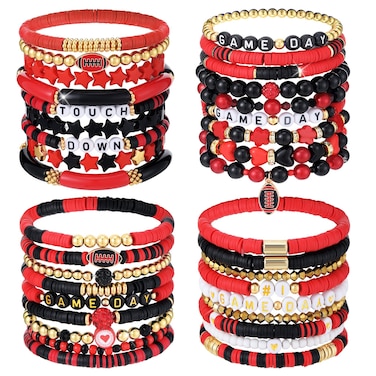 Landical 36 Pcs Football Game Day Heishi Bracelets for Women Red Blue Spirit Day Accessories Stackbale Clay Bracelets Beaded Stretch Bracelet Football Mom Accessories Outfits Jewelry Gifts