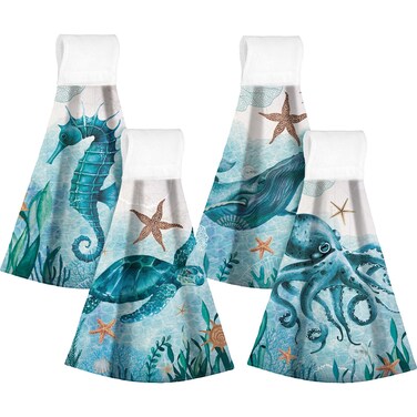 Sratte 4 Pcs Hanging Hand Towels Theme Gift Hanging Kitchen Towels Bath Towels Dish Towel Absorbent Oven Stove Washcloth with Loop for Home (Blue,Sea)