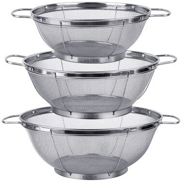 3 Pack 18/8 Stainless Steel Colander Sieves(5-Quart, 4-Quart and 3-Quart), Mesh Strainer Net Baskets with Handles &amp; Resting Base for Strain, Drain, Rinse or Steam