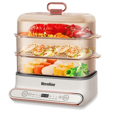 Veroline Electric Food Steamer for Cooking, 15QT Vegetable Steamer with 3-Tier Stainless Steel Trays, 1200W Electric Steamer for Fast Simultaneous Cooking, 24H Delay Start, Auto Shut-Off, BPA-Free