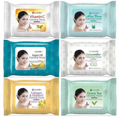 Epielle OG Makeup Remover Cleansing Wipes Tissue   Gentle for all Skin Types   Daily Facial Cleansing Towelettes   Removes Dirt, Oil, Makeup   Nicely Scented   30 Count   Assorted 6 Pack