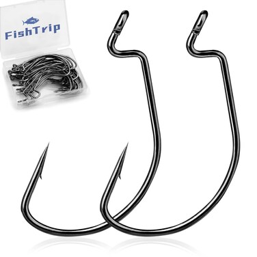 FishTrip EWG Hooks for Bass Fishing-50pcs Offset Worm Hook Texas Rig Hooks for Freshwater Saltwater Size 4/0