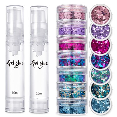 Body Glitter+Gel Kit,JASSINS Holographic Face Glitter,7 Style Fine Glitter for Art Nail,Hair, Eye,Eyeshadow Makeup