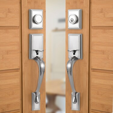 Natsukage Front Door Handle Set Heavy Duty Double Door Lock Set Satin Nickel Double Door Handle Set with Dummy, with Single Cylinder Deadbolt and Lever Handle, Reversible for Right &amp; Left Handed Doors