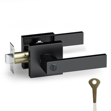 AceMining Privacy Keyless Square Heavy Duty Black Door Handle Lever Set, Interior and Exterior Door Handles, Complete Exterior Door Lock Set with Deadbolt,&lrm;Stainless Steel, Black, 1 Pack