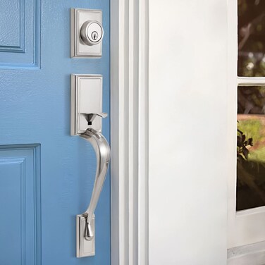 Natsukage Front Door Handle Front Door Lock Set Satin Nickel Entrance Handle Set with Lock Heavy Duty Adjustable Entry Door Lock Set with Deadbolt and Lever Handle Reversible for Right &amp; Left Handed