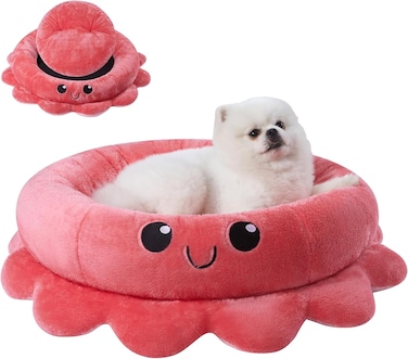 Jiupety Cute Calming Dog Beds Clearance for Medium Small Dogs, Anxiety Bolster Dog Bed with Octopus Shape, Pink, Red, Boho, Round Pet Bed Cat with Removable Cushion