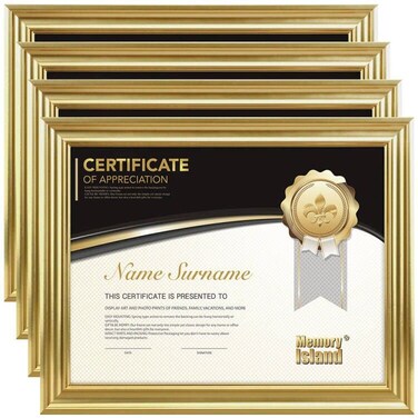 Memory Island 8.5x11 Diploma Document frames,Real Glass Fronts, 4 Pack Gold Certificate Frames for Wall Or Tabletop Display,Diploma Frames For Degree Award
