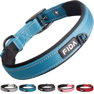 Fida Heavy Duty Dog Collar, Ultra Comfortable Soft Neoprene Padded, Adjustable Reflective Nylon Pet Collar with Durable Metal Belt Buckle for Large Breeds (L, Blue)
