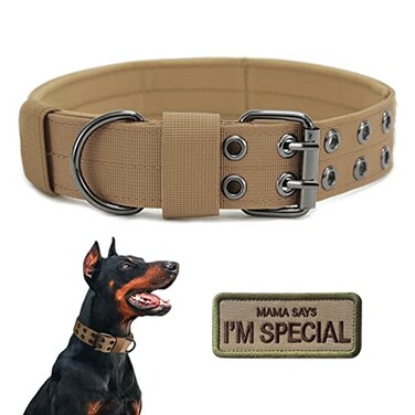 Tactical Dog Collar Military Adjustable Dog Collars Soft Nylon Training Collar with Patch Heavy Duty Metal Buckle Collars for Medium Large Dogs (L, Brown)
