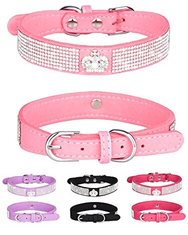 Bling Dog Collar for Small Medium Large Dogs, Crown Rhinestone Dog Collars for Girl and boy Dog, Diamond Puppy Collars, Adjustable Leather Suede SOFE Cat Collar (S(10.6"-13"/27CM-33CM), Pink)