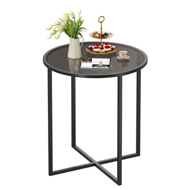 SAYGOER Round Dining Table Small Kitchen Table Black Glass Dining Table 26.7'' Multifuntional Modern Dining Room Table for 2 Space Saving Kitchen Table,Easy Assembly, All Black