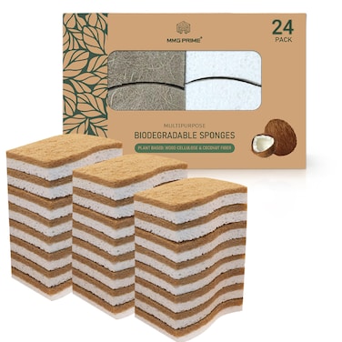 MMG Prime Natural Kitchen Sponge &ndash;24-Pack Biodegradable Sponges for Dishes &ndash;Compostable Dish Washing Scrubbers &ndash; Eco Friendly Non-Scratch Cellulose &amp; Coconut Husk Scrubber Sponges for Cleaning