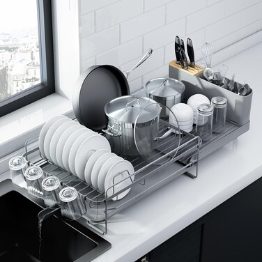 Kitsure Large Dish Drying Rack - Extendable Dish Rack, Multifunctional Dish Rack for Kitchen Counter, Anti-Rust Drying Dish Rack with Cutlery &amp; Cup Holders 19.2"-26.7" L x 12.9" W, Grey