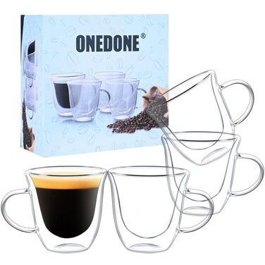 ONEDONE Small Espresso Cups Set of 4, Double Walled Glass Espresso Shots Cup 2.8 OZ Thermo Insulated Espresso Cups with Handle Clear Espresso Mugs Demitasse Cups for Espresso Machine