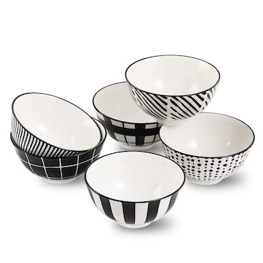 Porcelain Dessert Bowls Ice Cream Bowl - Ceramic Small Bowls 10 oz - Littlebowl for Rice   Soup   Snack   Side Dish - Japanese Black and White Bowl Set of 6 - Microwave and Dishwasher Safe - 4.75 Inch