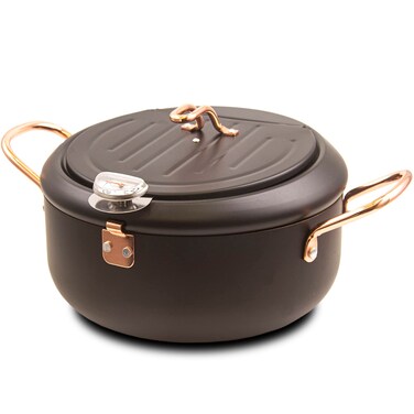 Japanese Tempura Deep Fryer Pot 2.3L- Fahrenheit Thermometer, Temperature Resistance Nonstick Coating, Easy Clean up, Heat up Fast, Exquisite Black Oil Fryer, 8.2inch Deep Frying Pot