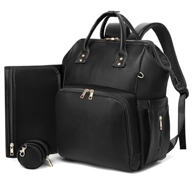 ROSEGIN Faux Leather Diaper Bag Backpack with Changing Pad, Pacifier Case &ndash; Baby Bag for Girls Boys, 35L Large, Waterproof &ndash; Baby Shower Gifts for Mom Dad, Black