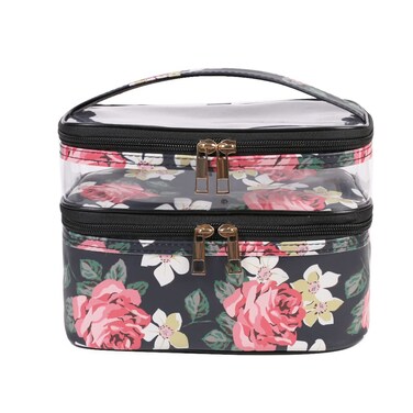 FITINI Makeup Bags Double Layer Travel Storage Cosmetic Cases Make up Organizer Toiletry Bags Water-resistant for Women Makeup Brush Bag,Black Peony
